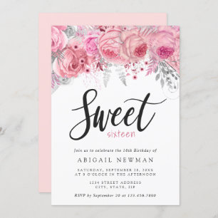 Elegant floral pink rose gold silver sweet sixteen invitation