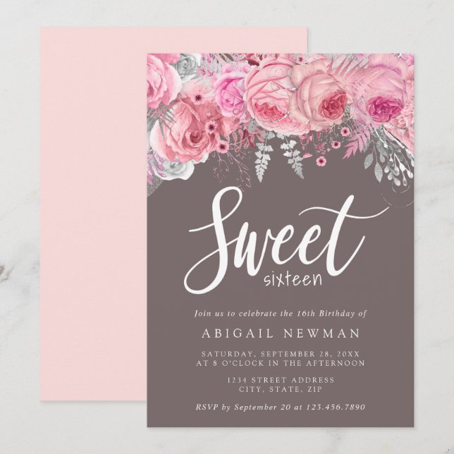 Elegant floral pink rose gold silver sweet sixteen invitation (Front/Back)
