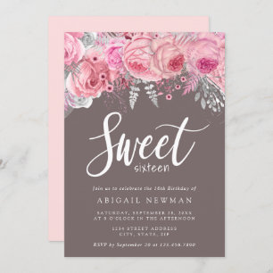 Elegant floral pink rose gold silver sweet sixteen invitation