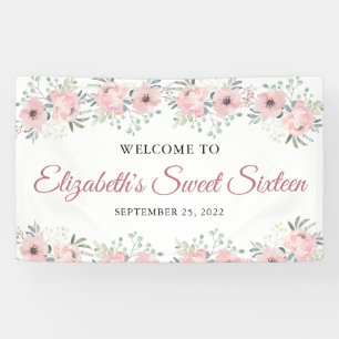 Elegant Floral Pink Rose Gold Sweet Sixteen Banner