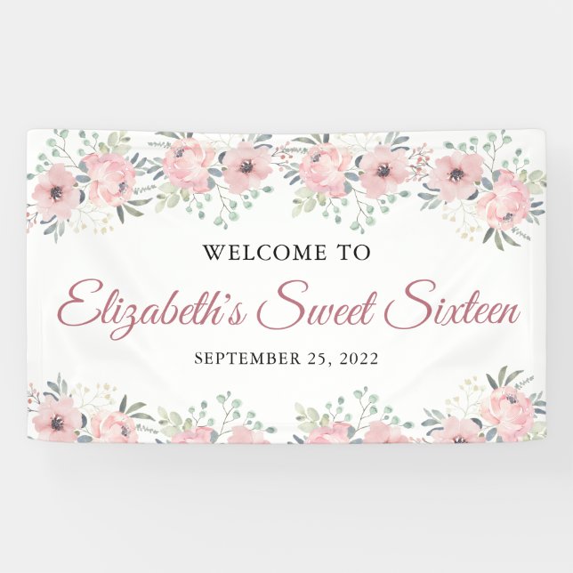 Elegant Floral Pink Rose Gold Sweet Sixteen Banner (Horizontal)