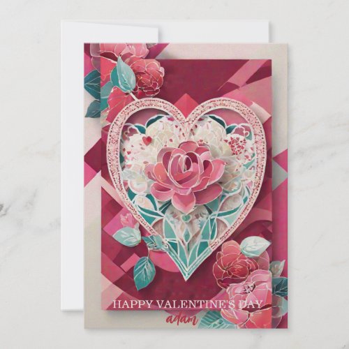 Elegant Floral Pink Rose Heart Valentines Day Card