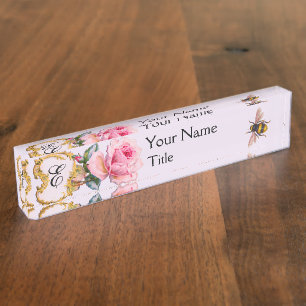 ELEGANT FLORAL,PINK ROSE ,HONEY BEE MONOGRAM Lilac Name Plate