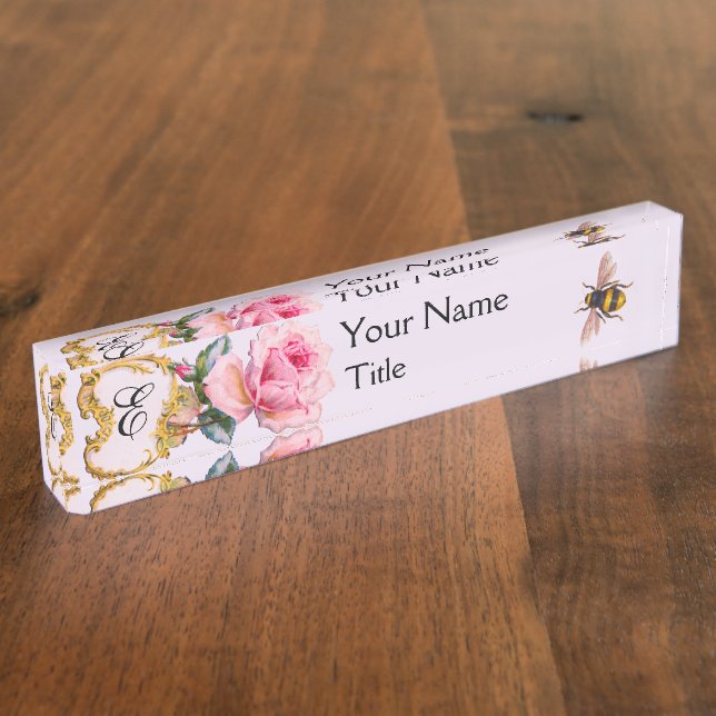 ELEGANT FLORAL,PINK ROSE ,HONEY BEE MONOGRAM Lilac Name Plate (Side)