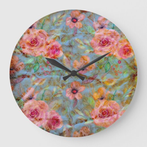 Elegant Floral Pink Rose Pattern  Large Clock