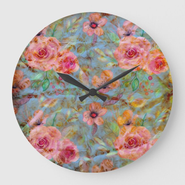Elegant Floral Pink Rose Pattern  Large Clock (Front)
