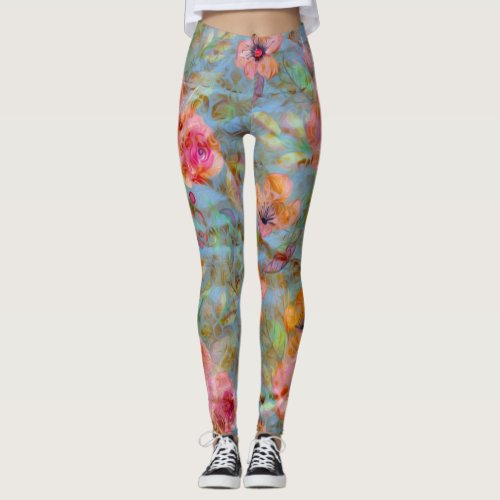 Elegant Floral Pink Rose Pattern   Leggings