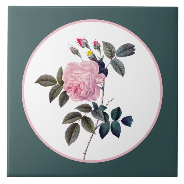 Elegant floral pink rose vintage ceramic tile (Front)
