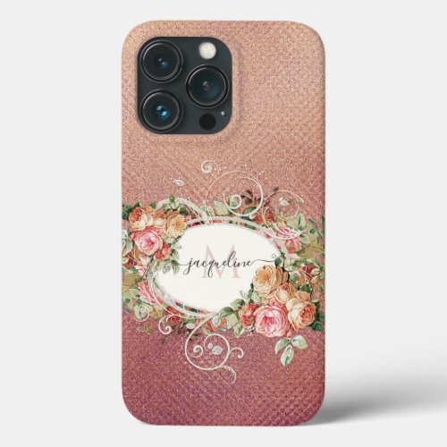 Elegant Floral Pink Rose Vintage Gold Script Name  iPhone 13 Pro Case