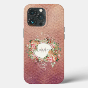 Elegant Floral Pink Rose Vintage Gold Script Name  iPhone 13 Pro Case