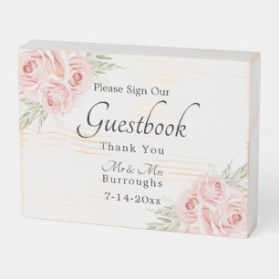 Elegant Floral Pink Rose Wedding Guestbook Wooden Box Sign