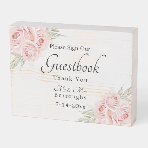 Elegant Floral Pink Rose Wedding Guestbook  Wooden Box Sign