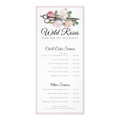 Elegant Floral Pink Roses Hairstylist Price List Rack Card