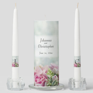 Elegant Floral Pink Roses & Peony Buds Wedding Unity Candle Set