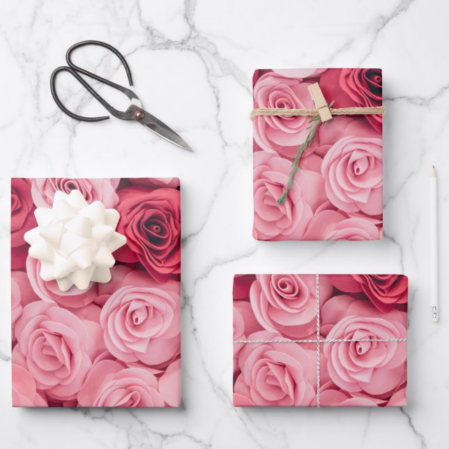 Elegant Floral Pink Roses Wrapping Paper Sheets (Front)
