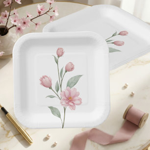 Elegant Floral Pink Sage Spring Garden Wedding Paper Plates