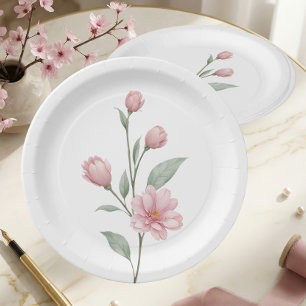 Elegant Floral Pink Sage Spring Garden Wedding Paper Plates