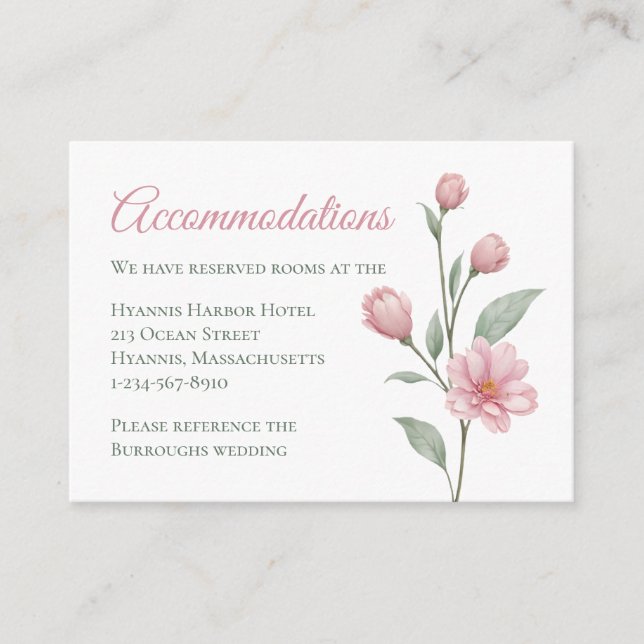 Elegant Floral Pink Sage Wedding Accommodation Enclosure Card (Front)