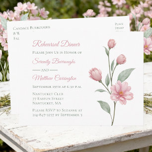 Elegant Floral Pink Sage Wedding Rehearsal Dinner Invitation Postcard
