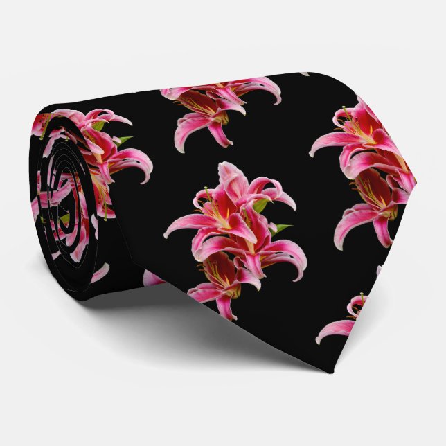 Elegant Floral Pink Stargazer Oriental Lilies Neck Tie (Rolled)
