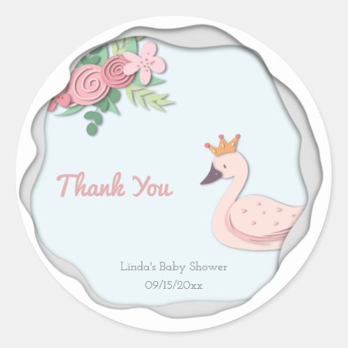 Elegant Floral Pink Swan with Crown Thank You Classic Round Sticker