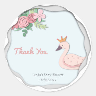 Elegant Floral Pink Swan with Crown Thank You Classic Round Sticker