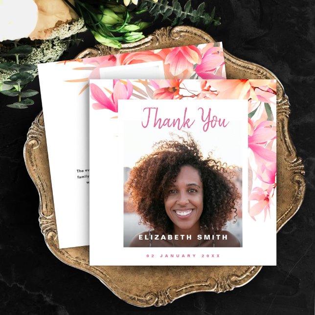 Elegant Floral Pink Thank You Photo Holiday Card (Elegant Floral Pink Thank You Photo Holiday Card)