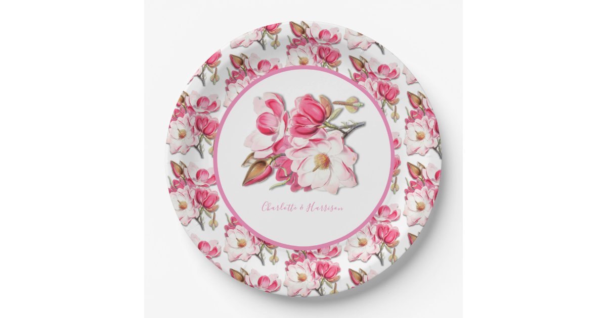 Elegant Floral Pink Watercolor Magnolia Wedding Paper Plates | Zazzle