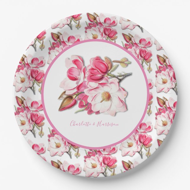 Elegant Floral Pink Watercolor Magnolia  Wedding Paper Plates (Front)