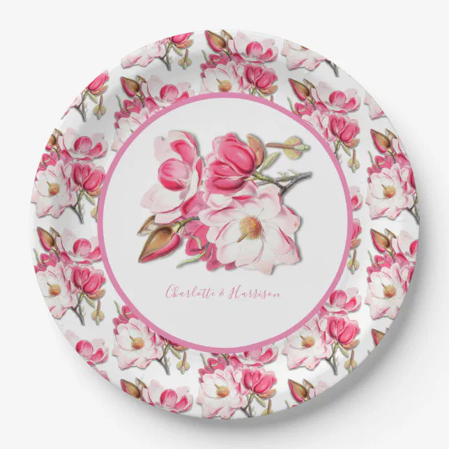 Elegant Floral Pink Watercolor Magnolia Wedding Paper Plates | Zazzle