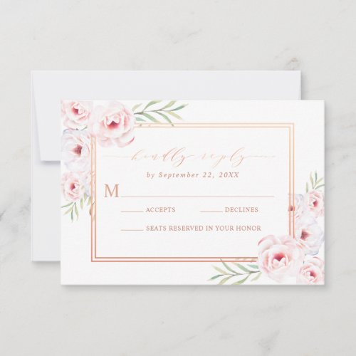Elegant Floral Pink Watercolor Rose Gold Wedding RSVP Card