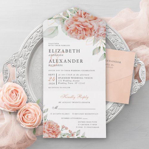 Elegant Floral Pink Watercolor Wedding All In One Invitation