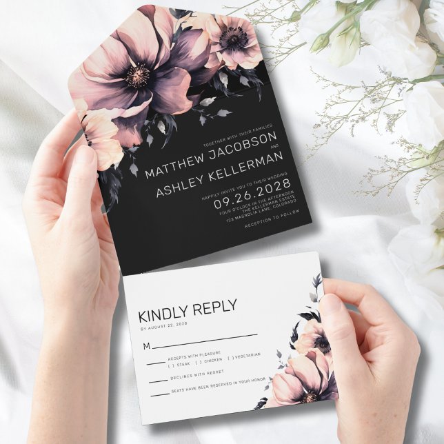 Elegant Floral Pink Wedding All In One Invitation (Modern Elegant Watercolor Floral Pink Wedding All in One Invitation)