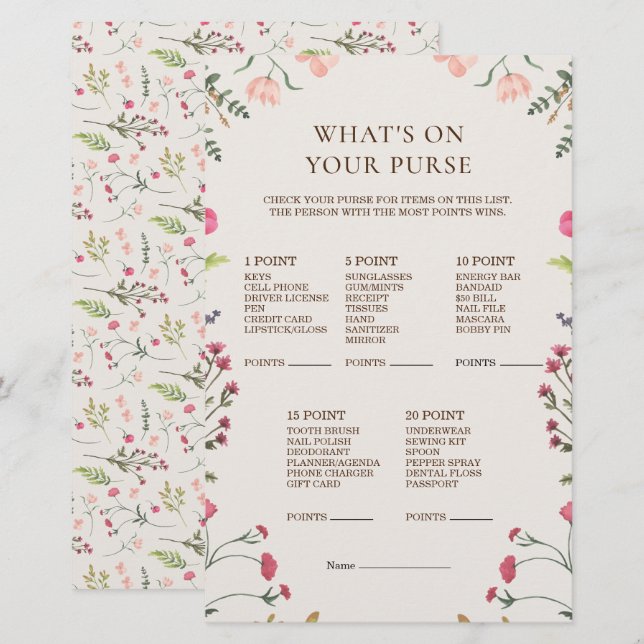 Elegant Floral Pink What's on Your Purse Game (Front/Back)