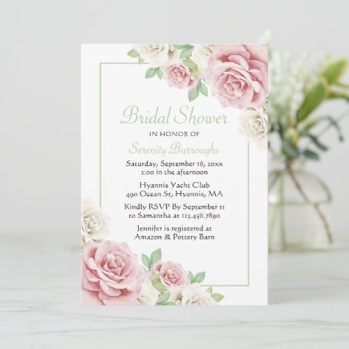 Elegant Floral Pink White Rose Bridal Shower Invitation