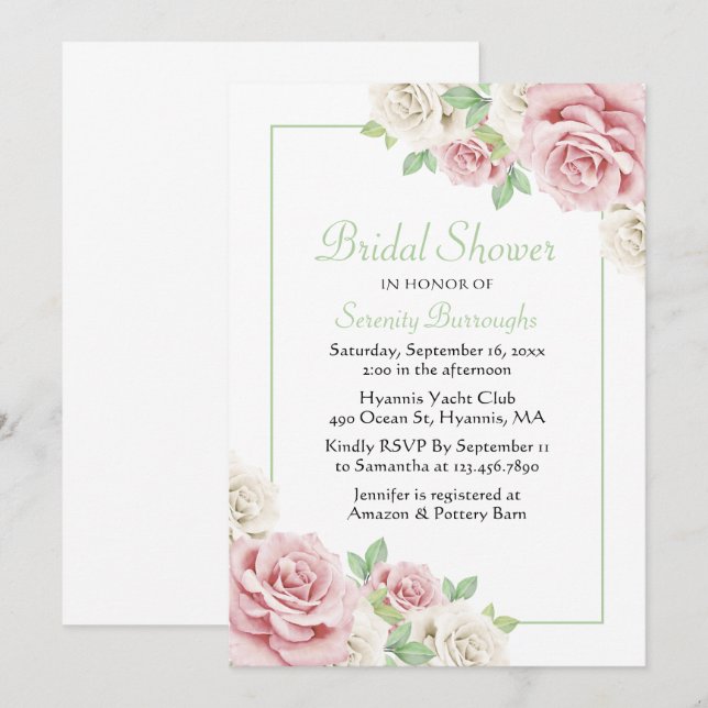 Elegant Floral Pink White Rose Bridal Shower Invitation (Front/Back)