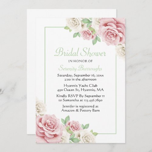 Elegant Floral Pink White Rose Bridal Shower Invitation