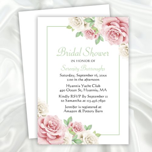 Elegant Floral Pink White Rose Bridal Shower Invitation