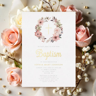 Elegant Floral Pink Wreath Girl Baptism  Foil Invitation