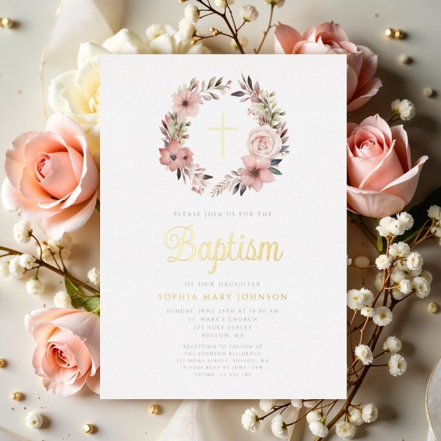 Elegant Floral Pink Wreath Girl Baptism  Foil Invitation (Creator Uploaded)