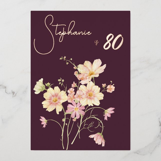 Elegant Floral Plum Blush 80th Birthday Rose Gold  Foil Invitation (Front)