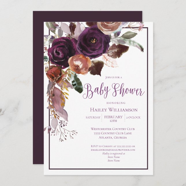 Elegant Floral Plum Purple and Gold Baby Shower Invitation (Front/Back)