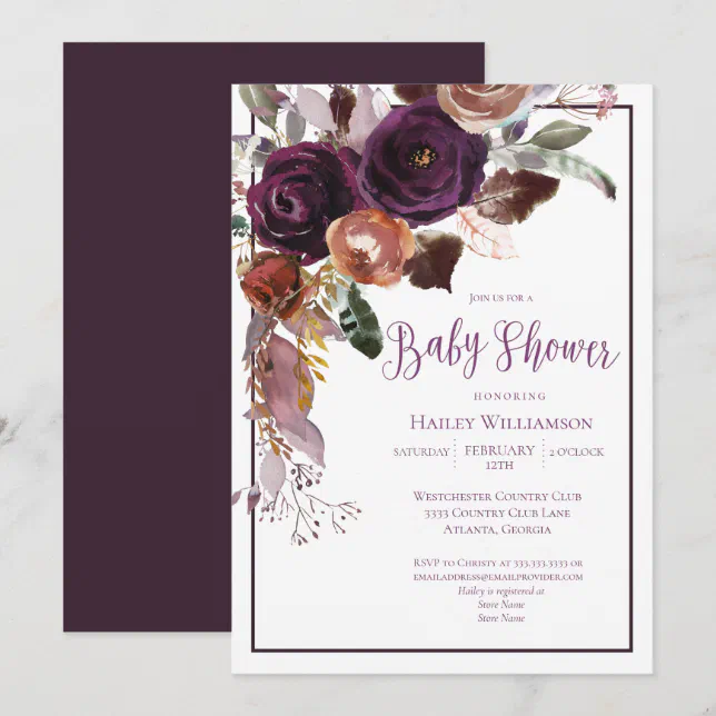 Elegant Floral Plum Purple and Gold Baby Shower Invitation | Zazzle