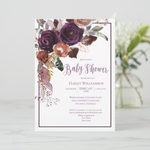 Elegant Floral Plum Purple and Gold Baby Shower Invitation | Zazzle
