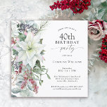 Elegant Floral Poinsettia December 40th Birthday Invitation<br><div class="desc">With all the festive vibes of the Christmas season, this winter holiday themed 40th birthday party design features a beautiful cascading bouquet of white watercolor poinsettias and trailing red and green floral elements on a clean white background. You can edit the age to any age if needed. December birthdays often...</div>