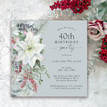 Elegant Floral Poinsettia December 40th Birthday Invitation<br><div class="desc">With all the festive vibes of the Christmas season, this winter holiday themed 40th birthday party design features a beautiful cascading bouquet of white watercolor poinsettias and trailing red and green floral elements on a dusty blue background. You can edit the age to any age if needed. December birthdays often...</div>