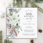 Elegant Floral Poinsettia December 60th Birthday Invitation<br><div class="desc">With all the festive vibes of the Christmas season, this winter holiday themed 60th birthday party design features a beautiful cascading bouquet of white watercolor poinsettias and trailing red and green floral elements on a clean white background. You can edit the age to any age if needed. December birthdays often...</div>
