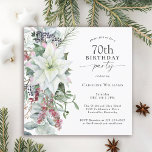 Elegant Floral Poinsettia December 70th Birthday Invitation<br><div class="desc">With all the festive vibes of the Christmas season, this winter holiday themed 70th birthday party design features a beautiful cascading bouquet of white watercolor poinsettias and trailing red and green floral elements on a clean white background. You can edit the age to any age if needed. December birthdays often...</div>