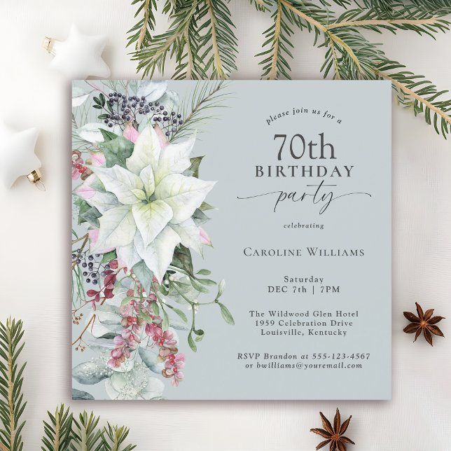 Elegant Floral Poinsettia December 70th Birthday Invitation (Available in both printed and instant download digital formats.)
