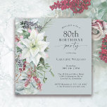 Elegant Floral Poinsettia December 80th Birthday Invitation<br><div class="desc">With all the festive vibes of the Christmas season, this winter holiday themed 80th birthday party design features a beautiful cascading bouquet of white watercolor poinsettias and trailing red and green floral elements on a dusty blue background. You can edit the age to any age if needed. December birthdays often...</div>